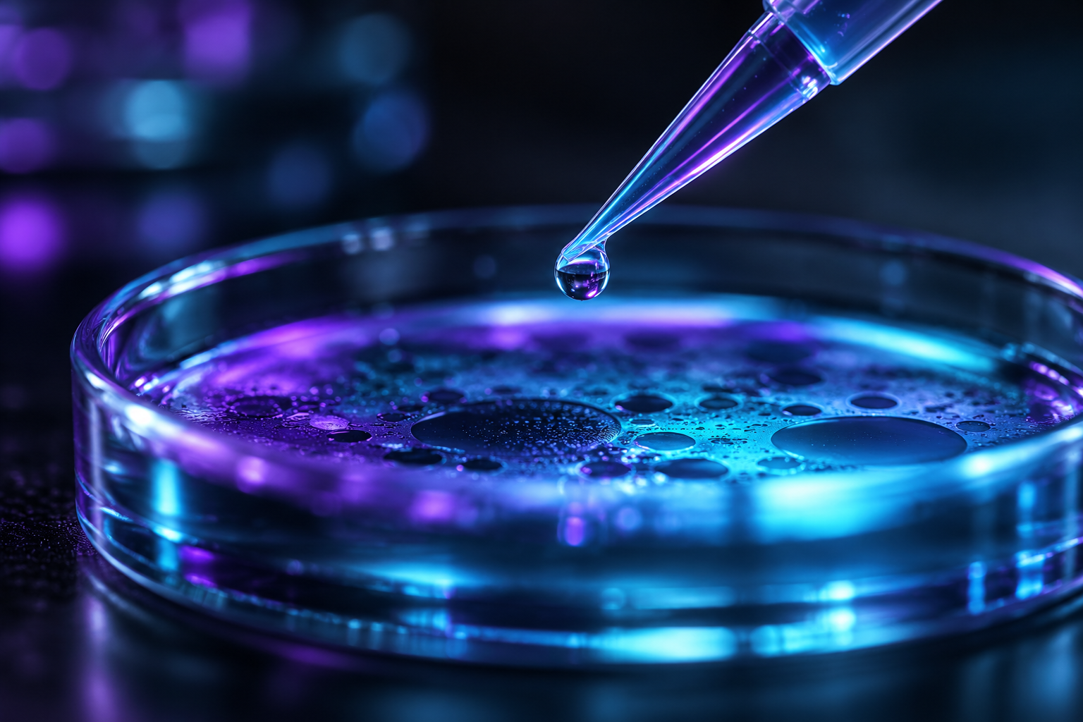 Placa de Petri iluminada con una pipeta encima en un laboratorio de fertilidad