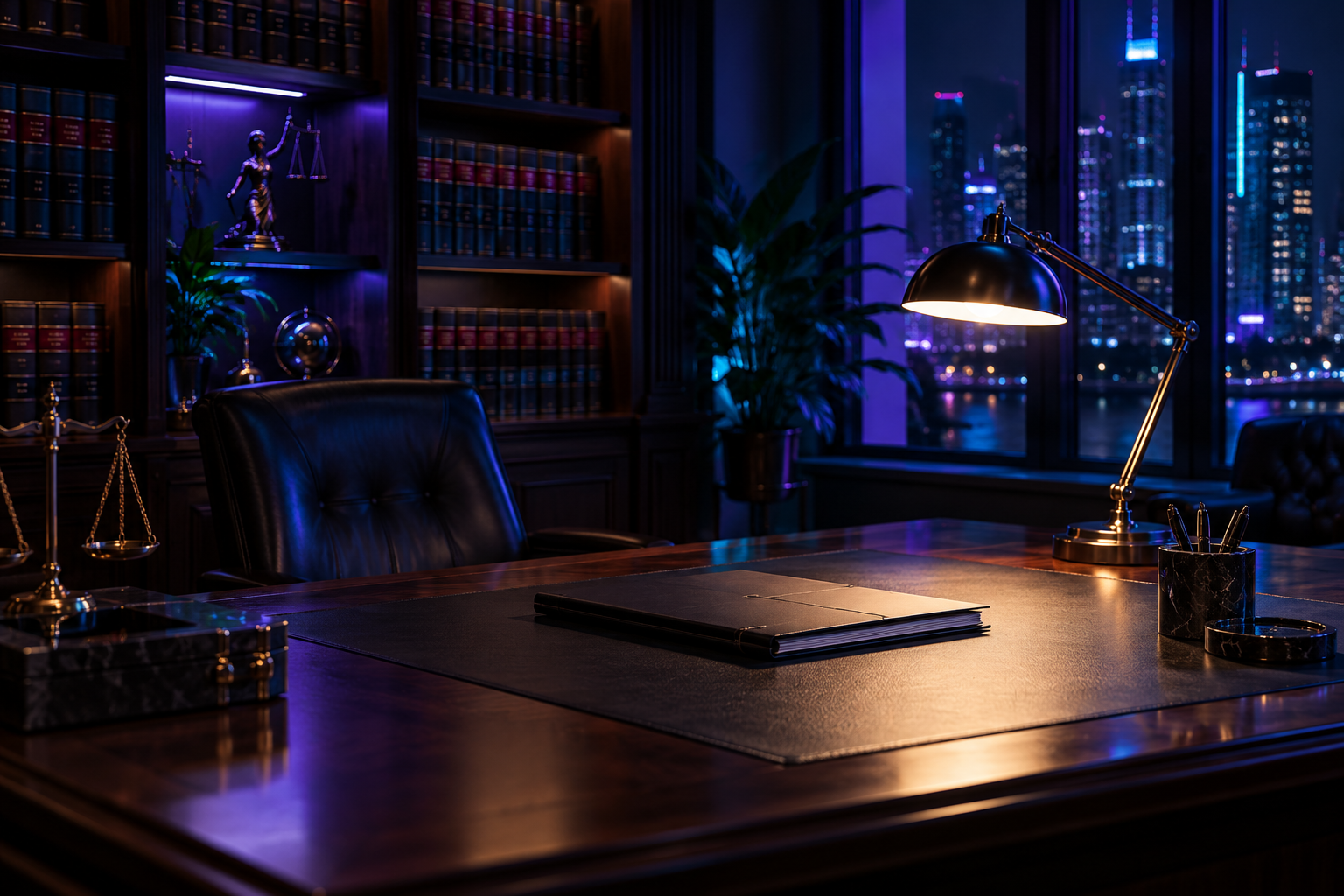 Despacho de abogados de noche con biblioteca jurídica y un único expediente sobre la mesa