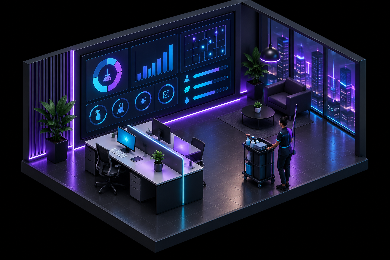 Dashboard digital que muestra informes de trabajo en empresas de limpieza