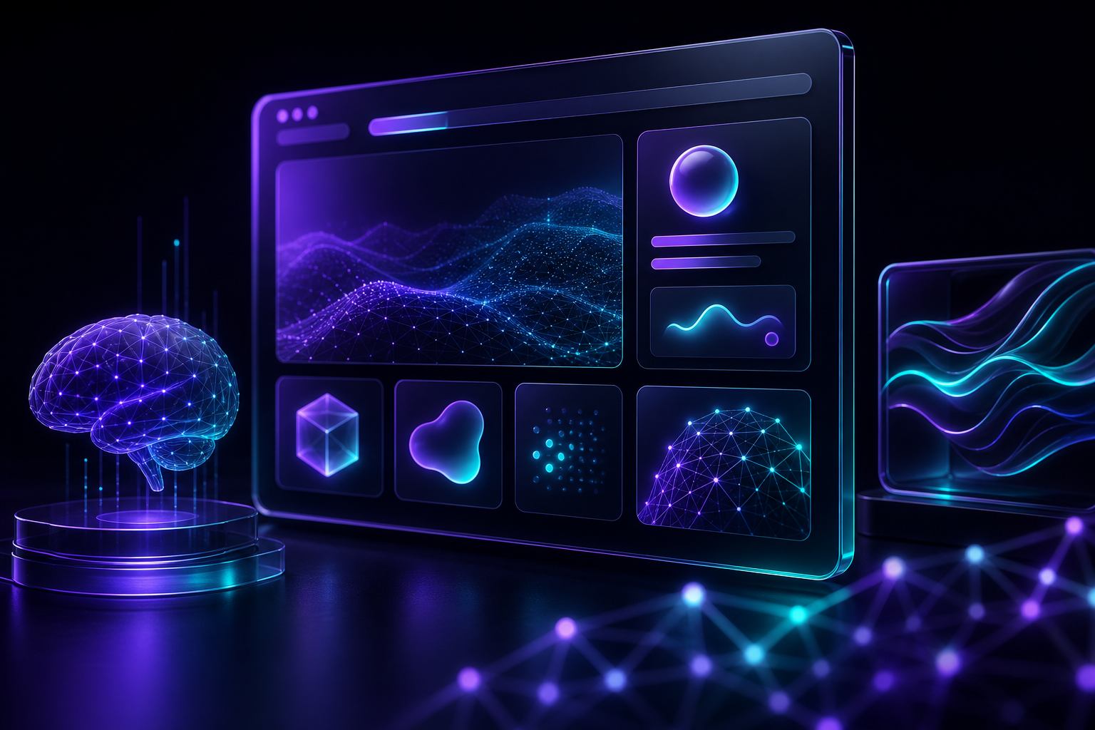 Representación de la inteligencia artificial en el diseño web, mostrando elementos adaptativos y optimización de la experiencia del usuario.