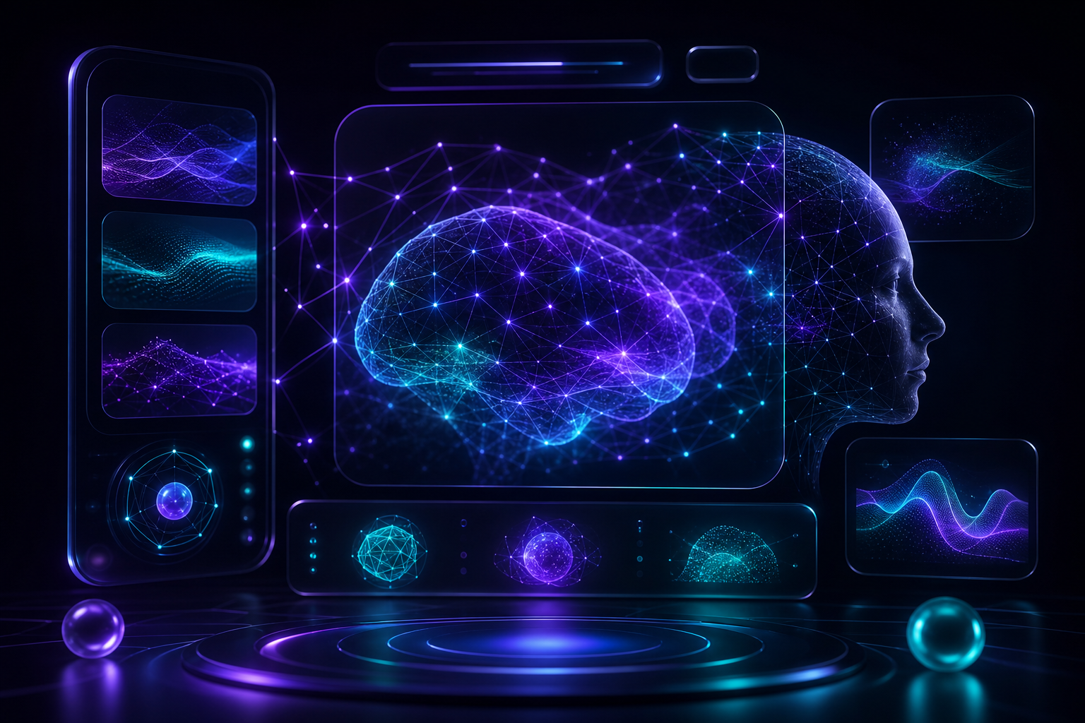 Diseño web futurista mejorado con inteligencia artificial mostrando elementos luminosos y redes neuronales sutiles.