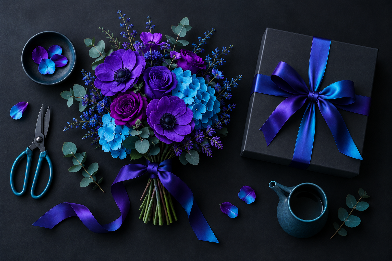 Arreglo floral con ramo vibrante y caja de entrega sobre una superficie oscura
