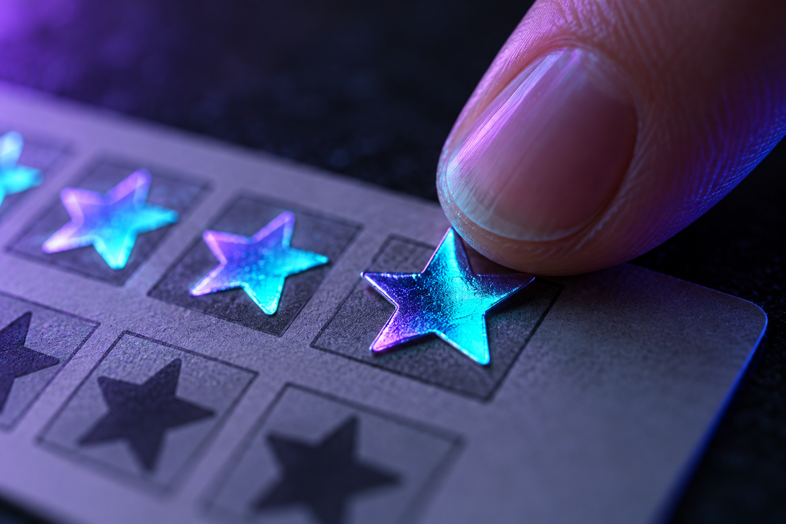 Dedo pegando una estrella en una tarjeta de fidelización, símbolo de una buena reseña