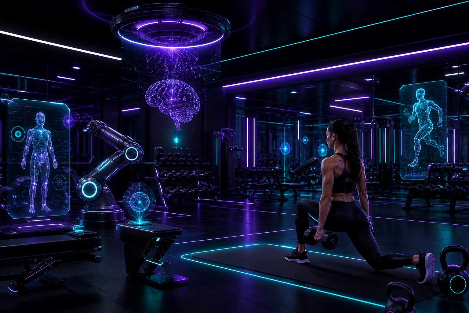 Gimnasio moderno con elementos de inteligencia artificial y automatización