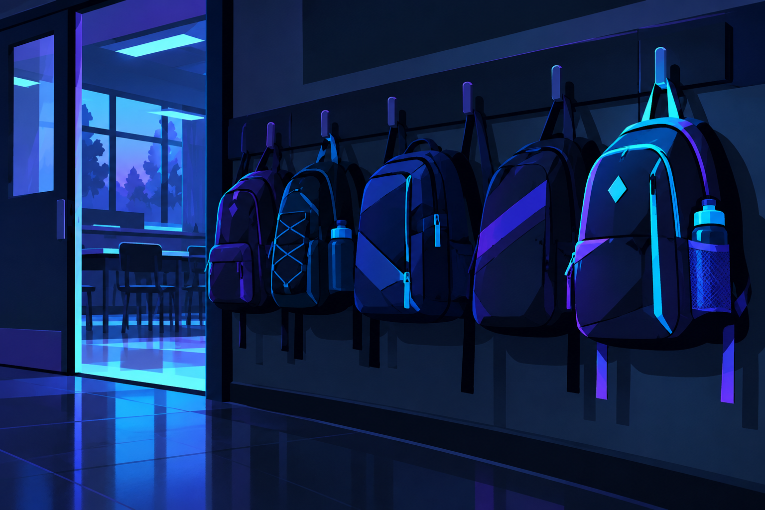 Mochilas de alumnos colgadas a la puerta de un aula de academia, con una nueva al final