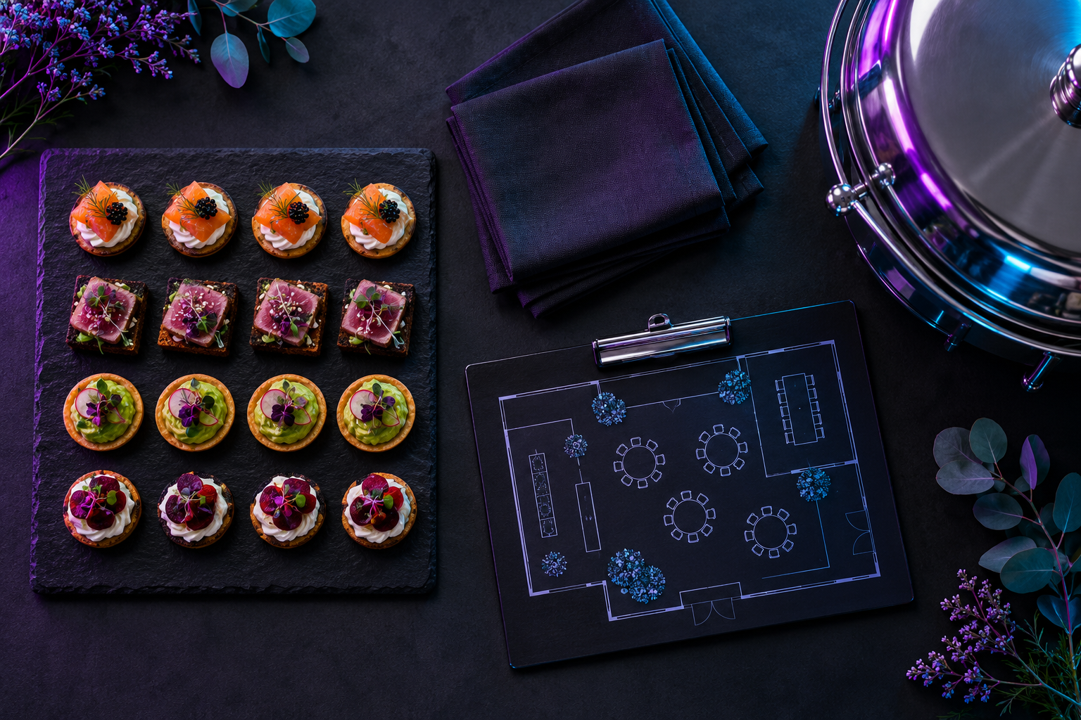 Bandeja de canapés, servilletas, cubre-fuentes y plano del evento de un catering