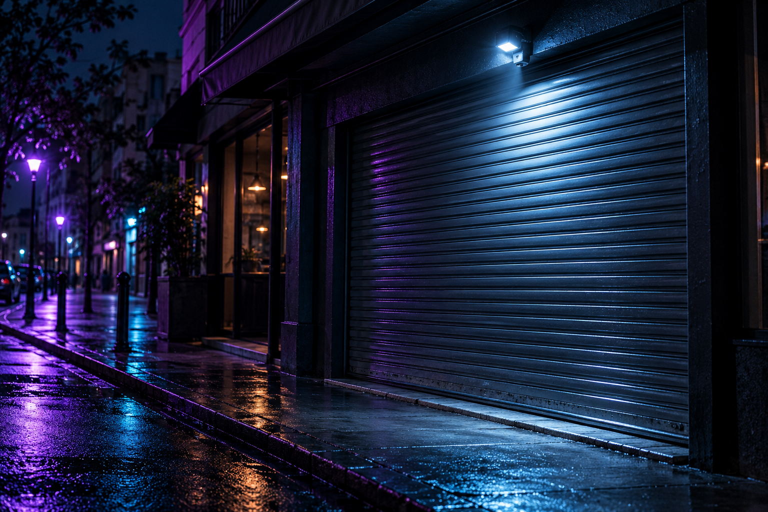 Persiana de un comercio de noche con un sensor de movimiento encendido