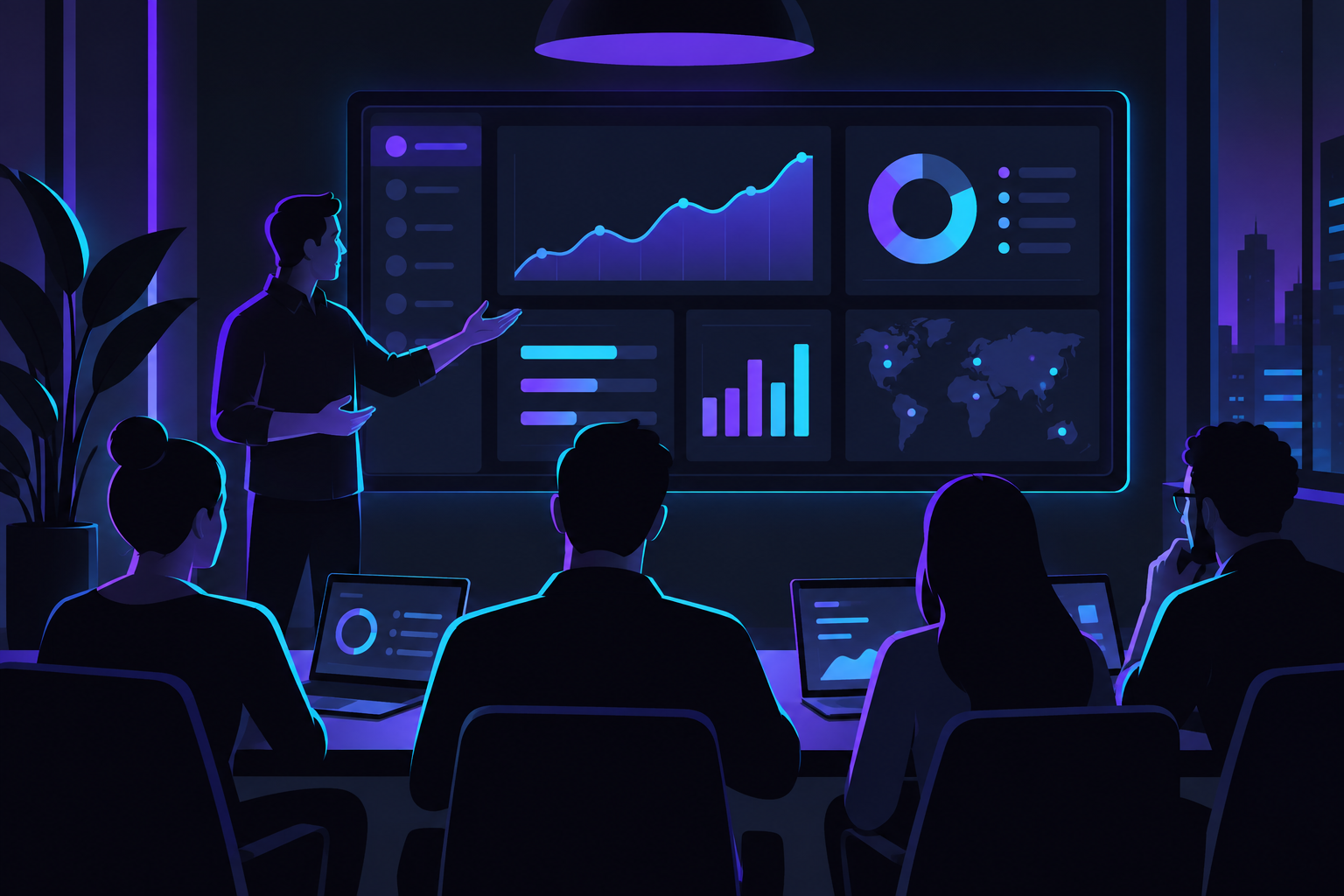 Equipo capacitando sobre un panel de gestión personalizado para optimizar procesos