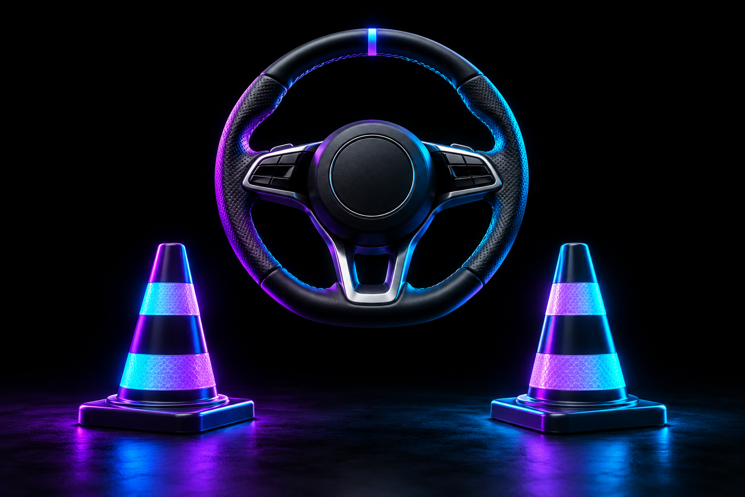 Volante de coche entre dos conos de tráfico de autoescuela