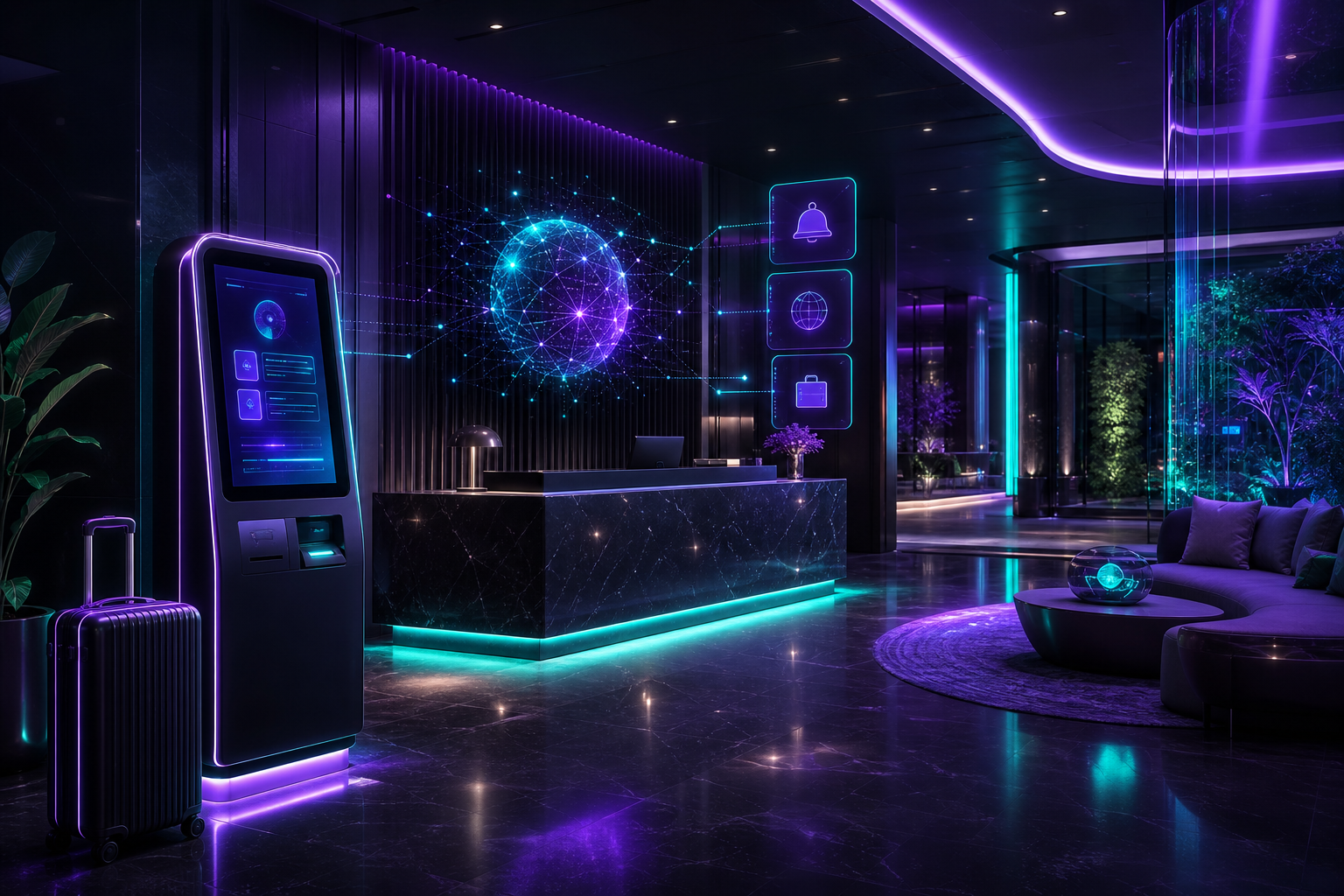 Lobby de hotel moderno con tecnología avanzada y elementos de IA