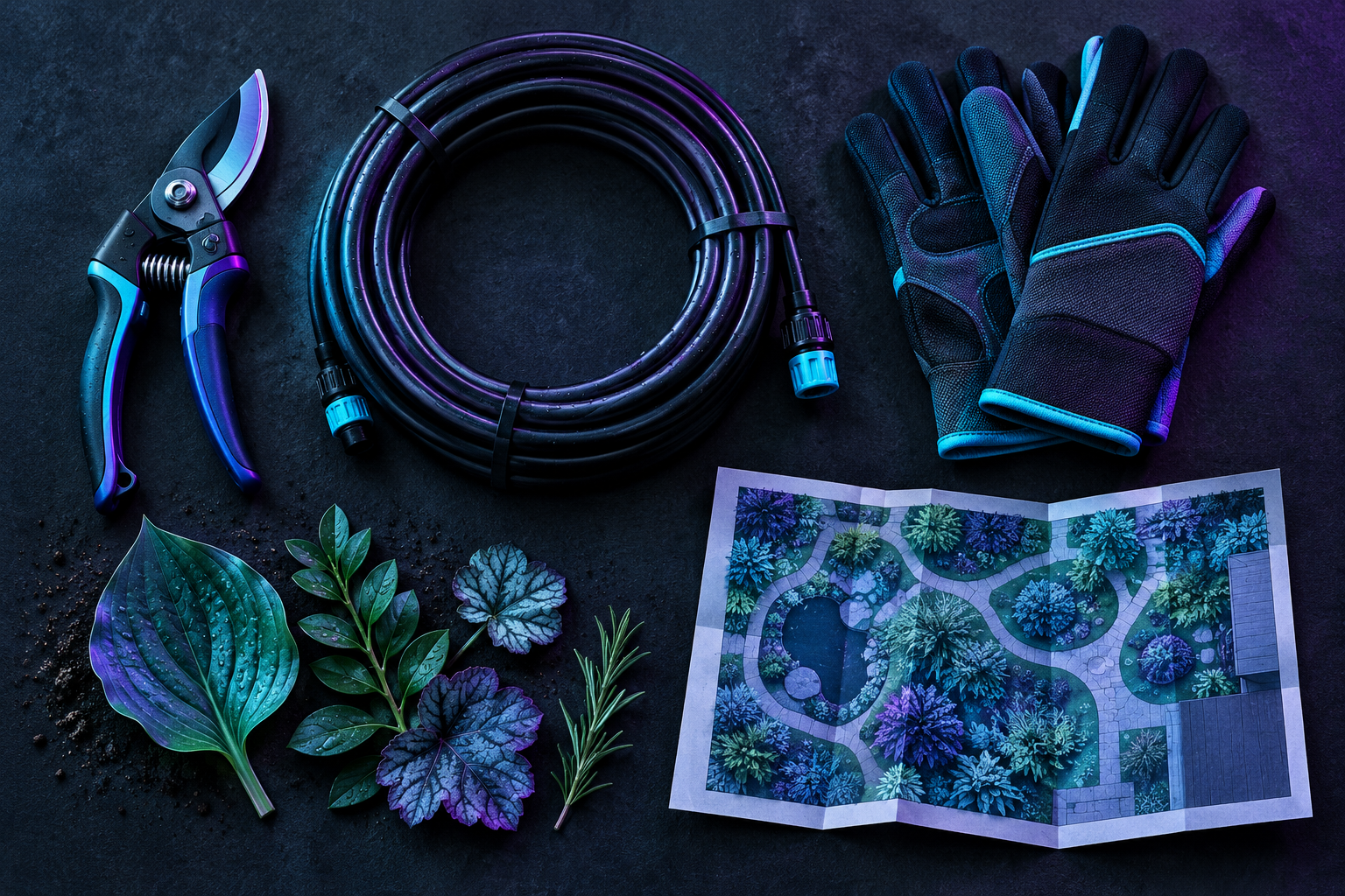 Tijeras de podar, manguera de goteo, guantes y plano de ruta de una empresa de jardinería