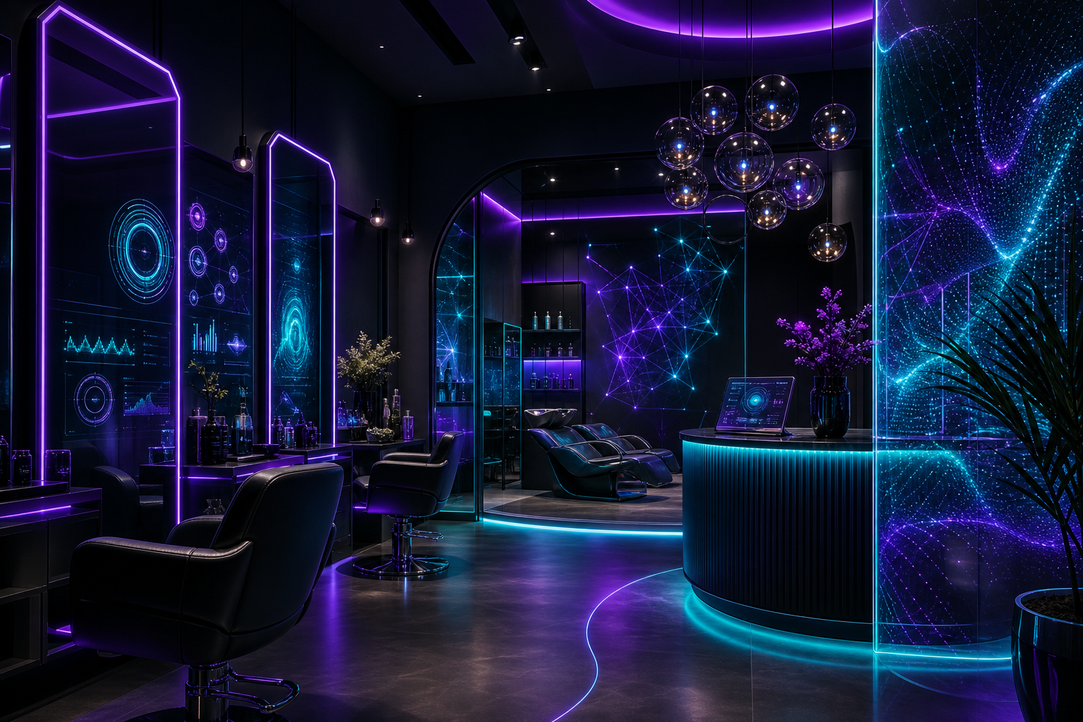 Sala de peluquería moderna con tecnología de gestión de citas, ambiente acogedor y elegante.